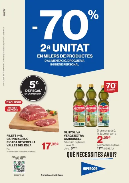 Ofertas de Hipercor España de 26 febrero a 11 marzo 2026 70% 2ª Unidad en Miles de Productos - Página 1