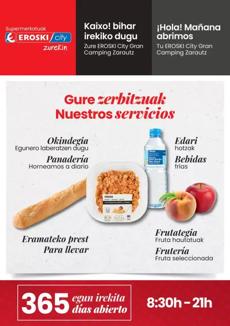 Ofertas de Eroski España de 24 marzo a 12 abril 2026 ¡Hola! Mañana abrimos Tu EROSKI City Gran Camping Zarautz - Página 1