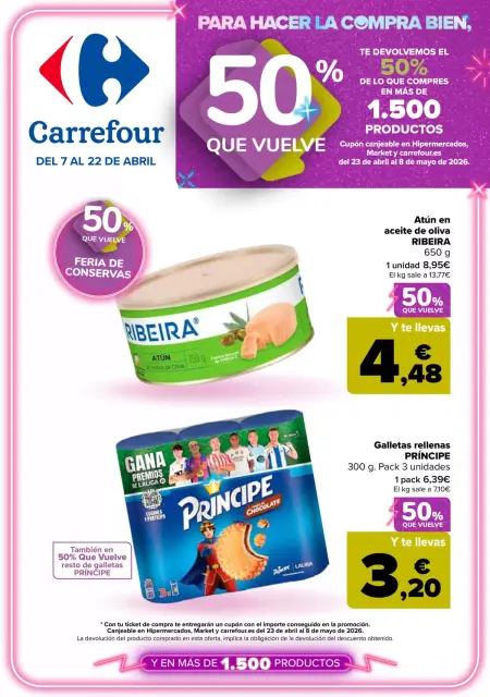 Ofertas de Carrefour España de 7 a 22 abril 2026 50% QUE VUELVE + 3x2 - Página 1