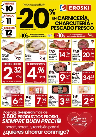 Ofertas de Eroski España de 9 a 12 abril 2026 -20% en carnicería, charcutería y pescado fresco - Página 1
