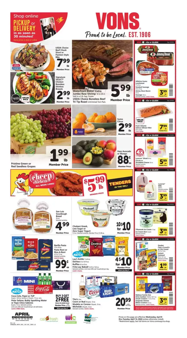 Offres Supermarché Vons États-Unis Californie du Nord de 8 à 14 avril 2026 Offres hebdomadaires - Supermarché Vons - États-Unis - 8 avril 2026 – 14 avril 2026 - Page 1