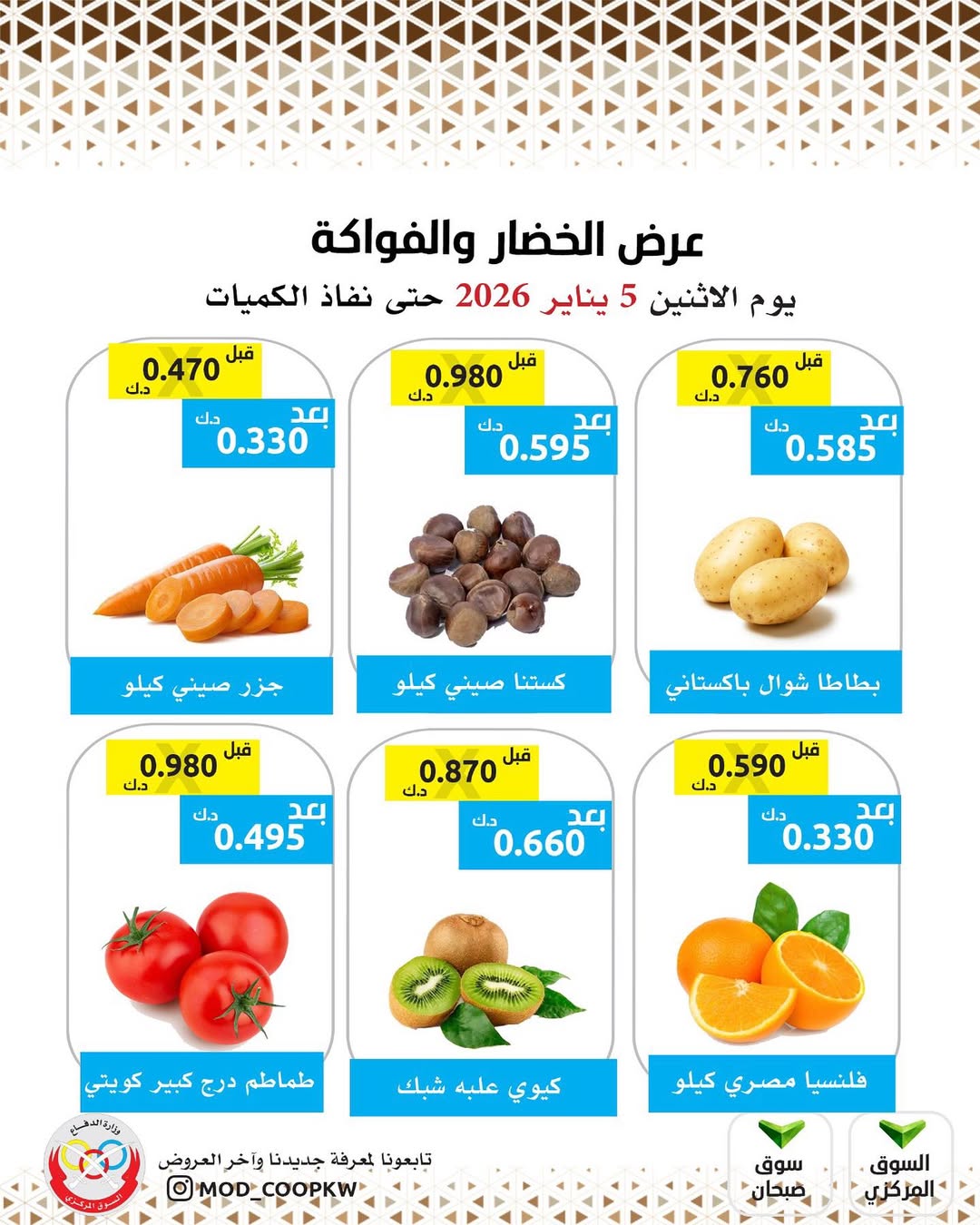 عروض جمعية وزارة الدفاع الإستهلاكية الكويت الاثنين 5 يناير 2026 عروض الخضار والفواكه