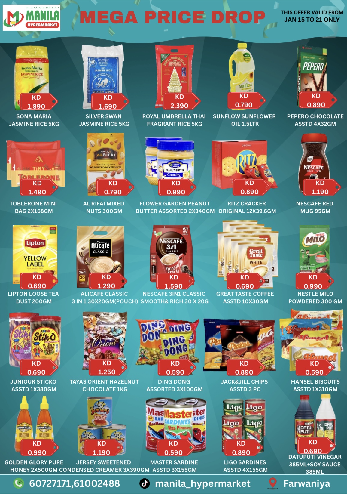 Manila Hypermarket  Farwaniya  Offers from 15 to 21 January Mega Price Drop