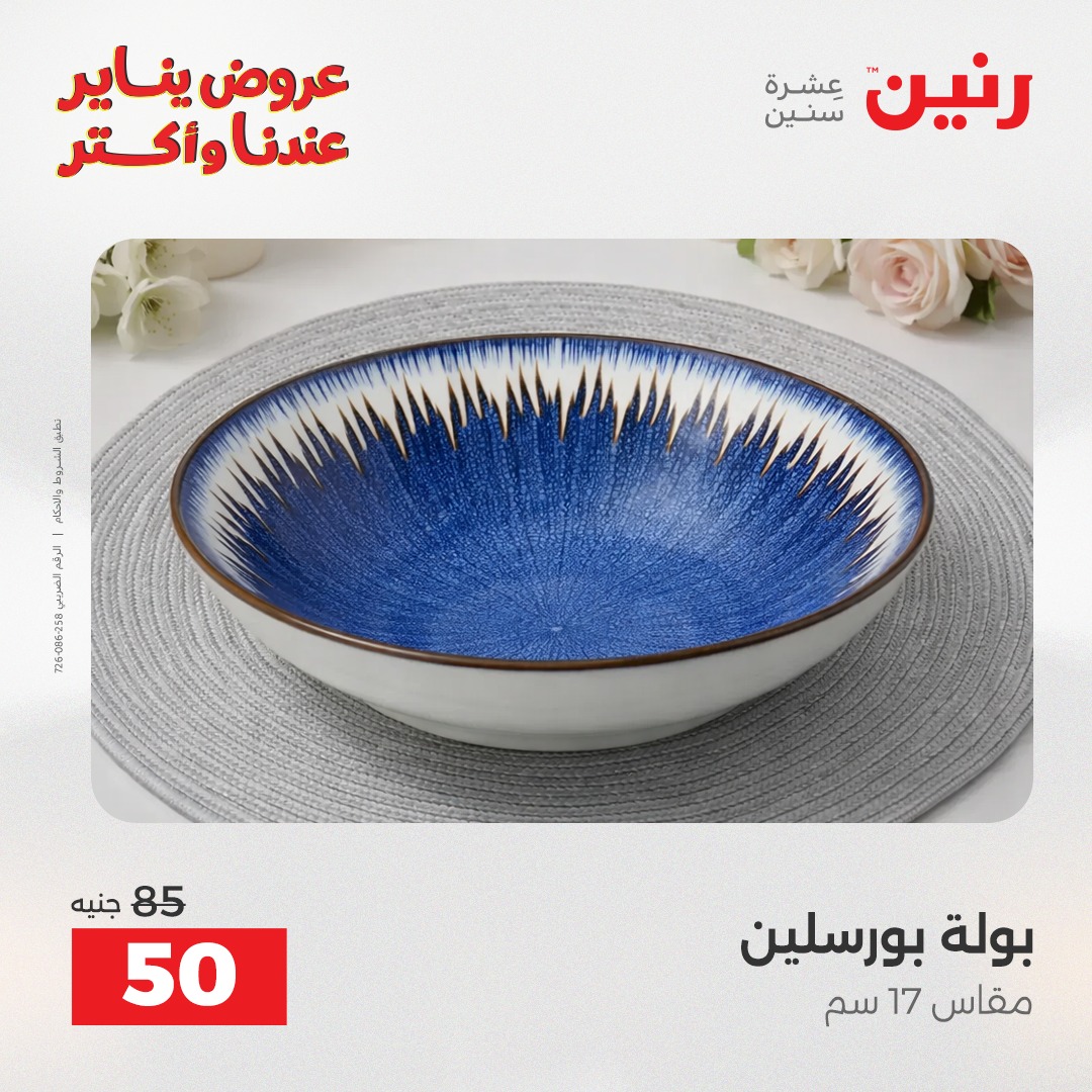 عروض رنين مصر السبت 24 يناير 2026 أقوى الخصومات على الأطباق والبولات البورسلين الفردانى