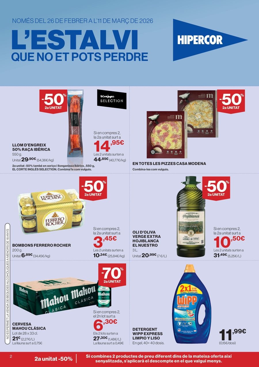 Ofertas de Hipercor España de 26 febrero a 11 marzo 2026 70% 2ª Unidad en Miles de Productos