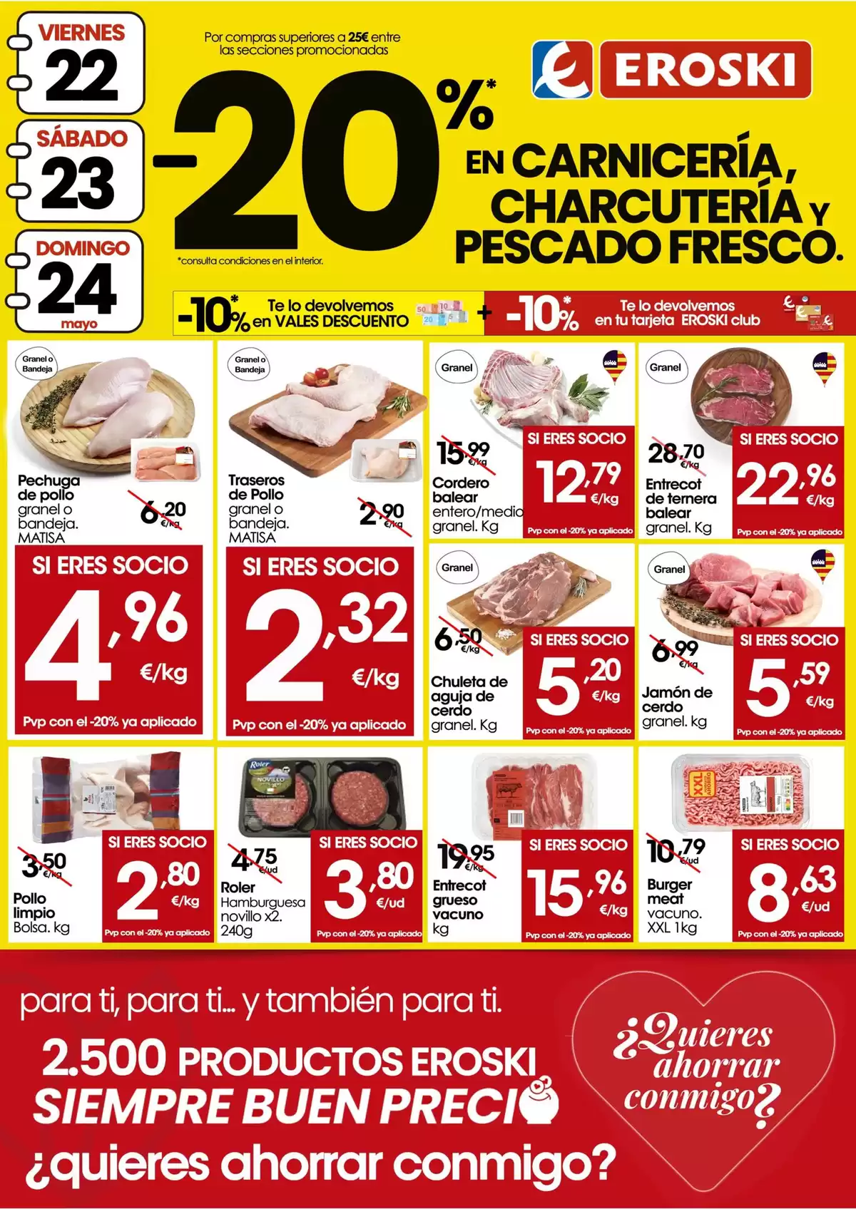 Offres Eroski Espagne de 21 à 24 mai 2026 -20% dans la boucherie, la charcuterie et le poisson frais - Page 1
