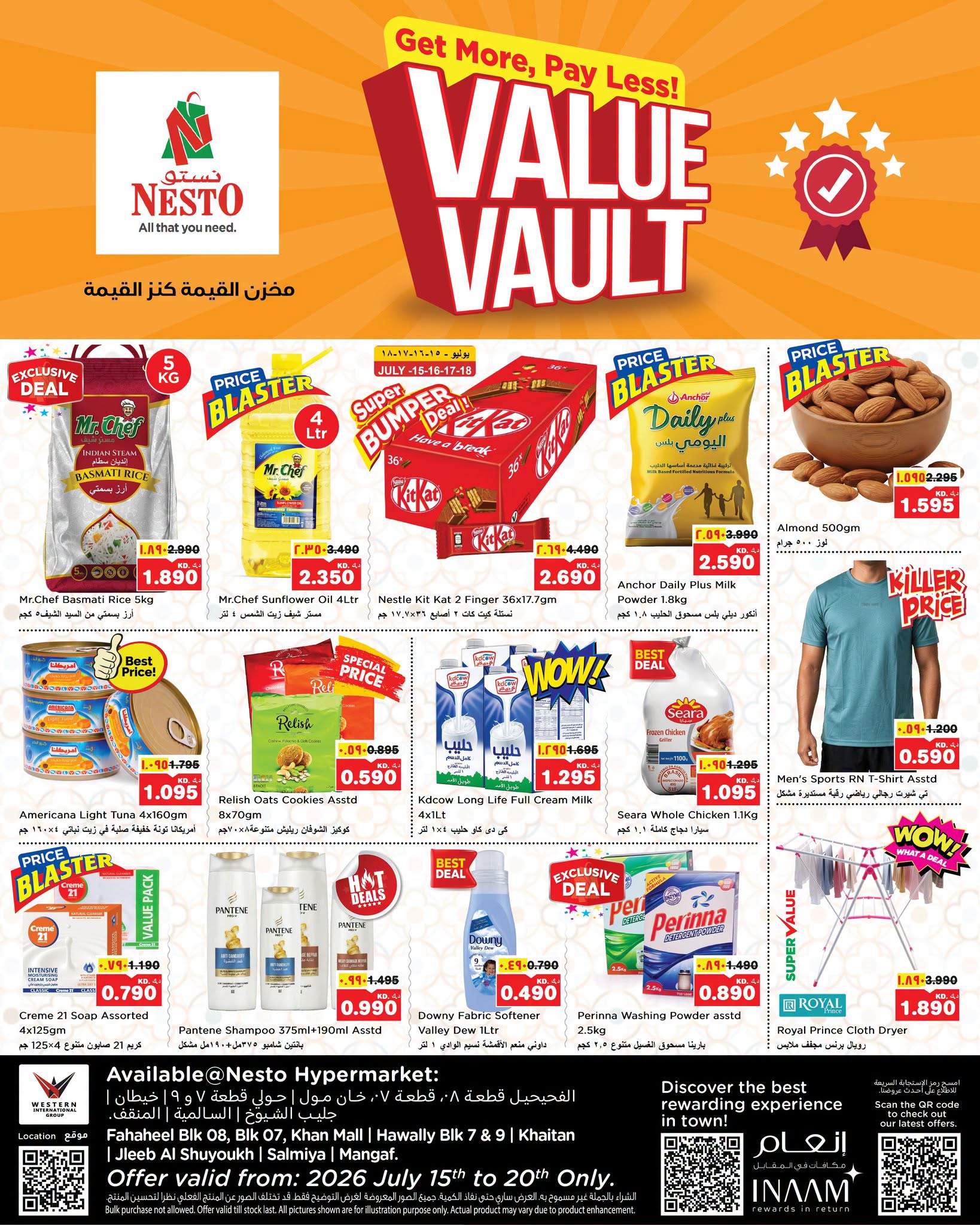 Nesto Hypermarkets offers in Fahaheel, Hawalli, Khaitan, Jlyb, Salmiya, Mangaf from 15 to 20 July 2026 Value Vault Deals - Page 1